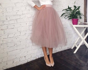 Dusty rose tulle skirt women, knee length wedding skirt, bridesmaid skirt in custom size, plus size skirt high waist for wedding guest