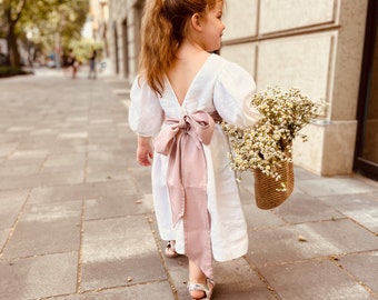 White flower girl dress, baptism dress toddler, white linen dress with pink bow, occasion dress, aesthetic photoshoot outfit, formal event