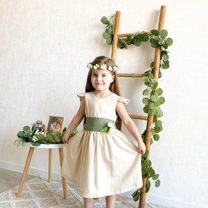 Ivory linen dress, flower girl dress with ruffles, white linen dress with sage green bow, infant toddler dress for summer photoshoot organic