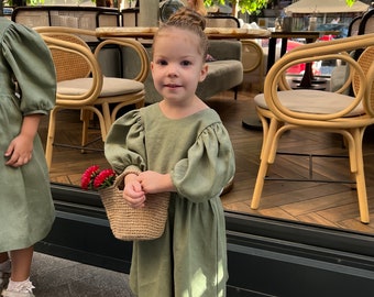 Sage green dress, linen dress olive boho dress, flower girl dress,  puffy sleeve gown, junior bridesmaid, baptism dress girl toddler