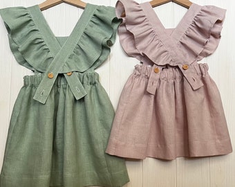Salbei grünes Leinenkleid, Blumenmädchen Kleid Kinder, Baby Rüschenkleid, rosa Kleinkind Trägerkleid 1