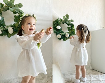 White linen dress, long sleeve flower girl dress, summer toddler dress, boho organic gown, summer photoshoot, simple spring dress