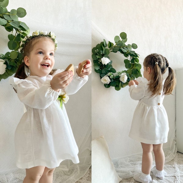 White linen dress, long sleeve flower girl dress, summer toddler dress, boho organic gown, summer photoshoot, simple spring dress