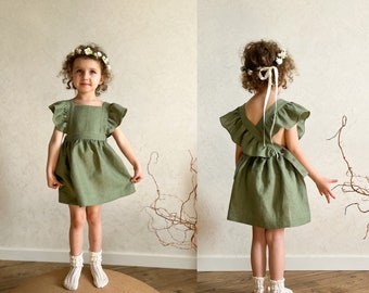 Olive linen dress for girl, flower girl dress, sage green dress infant, cross back pinafore, junior bridesmaid linen dress, communion dress