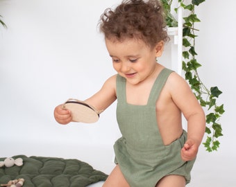 Baby boy jumpsuit sage green romper, linen romper 1st birthday outfit, organic baby clothes kids linen jumpsuit, gift for grandson