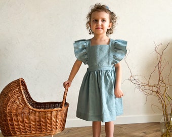 Robe de demoiselle d'honneur bohème, robe en lin bleu pour bébé, robe de bébé pour le 1er anniversaire, robe de communion bio, robe chasuble en lin, robe de mariée pour enfants