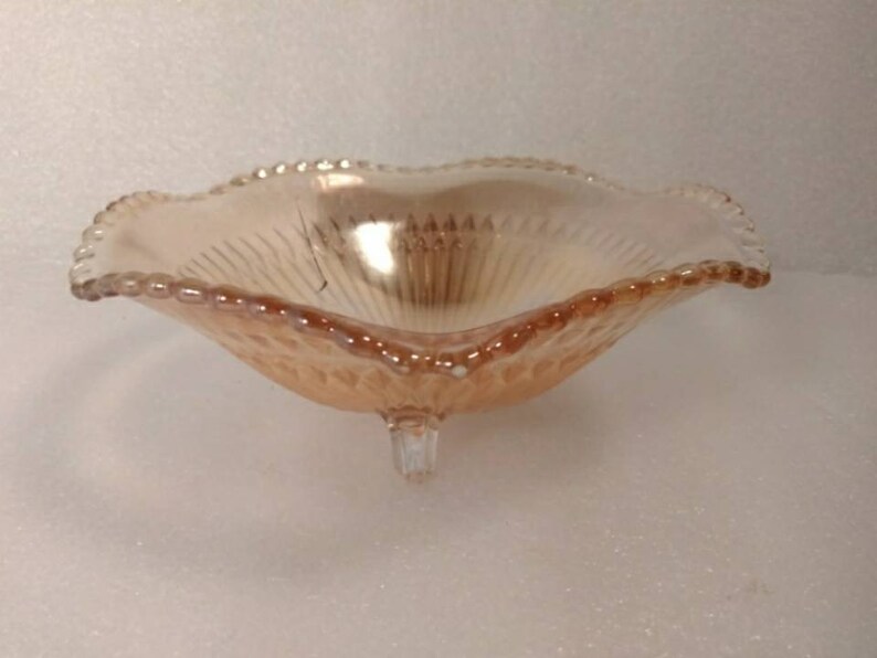 Peach Lustre Jeannette Anniversary Marigold Glass Footed Candy Dish