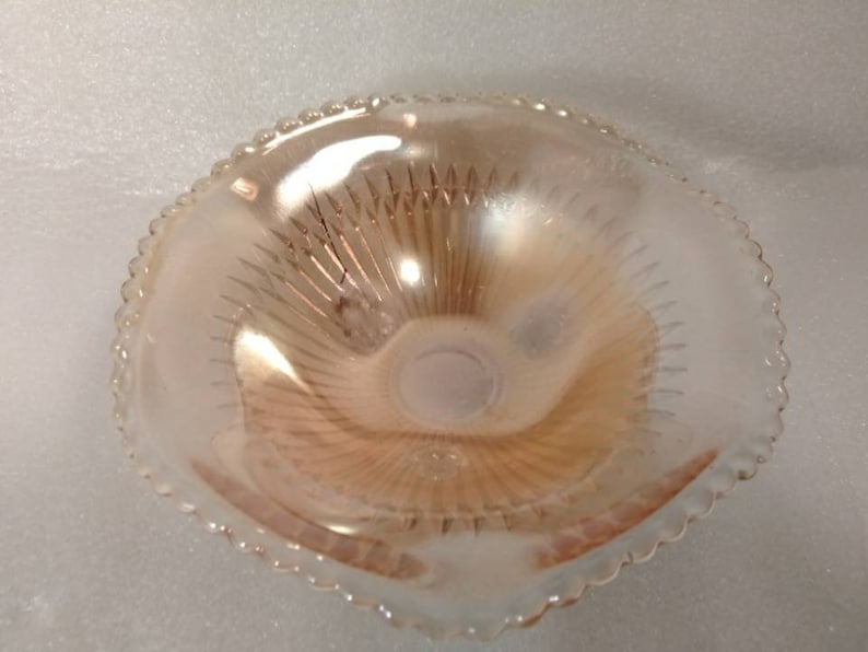 Peach Lustre Jeannette Anniversary Marigold Glass Footed Candy Dish