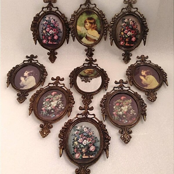 Vintage Victorian Style Italian Brass Picture Frames and Pictures set of 9