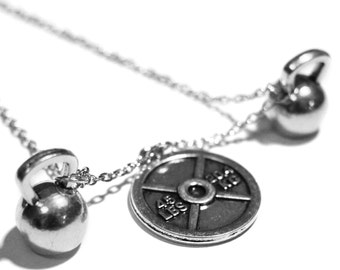 Weights & Fitness Necklace By Santa Monica Charm Co. With 45lb Plate and Two Kettlebell Pendants + Free Cotton Gift Pouch - Lifting Pendant