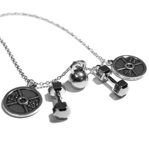 Weights & Fitness Necklace By Santa Monica Charm Co. With Kettlebell, Two 45lb Plates, and Two Dumbbell Pendants + Free Cotton Gift Pouch
