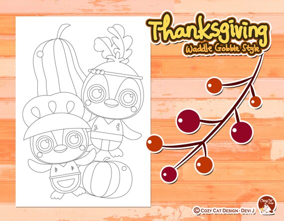 Download Instant Digital Download Penguin Thanksgiving Theme Coloring Pages In Jpeg And Pdf Files Printable For Childrens Kids Coloring Activity Clip Art Art Collectibles Kromasol Com