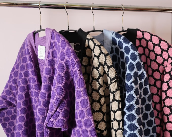 NEW: GODETIA cardigan, purple + oatmeal + blue + pink