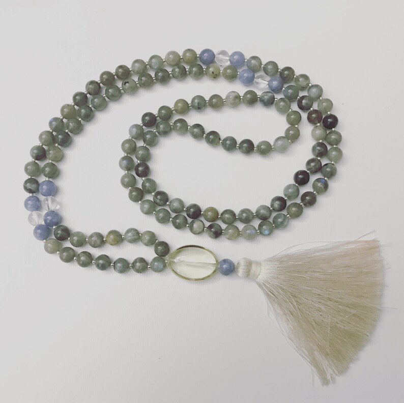 Blue Quartz Labradorite Crystal Quartz and Citrine Mala Necklace