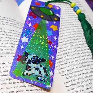 Holographic Kawaii UFO Cow Abduction Bookmark with Tassel