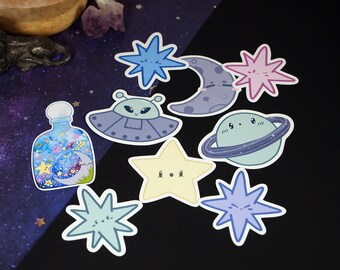 Conjunto de adesivos espaciais kawaii, adesivos de alienígenas celestiais, conjunto de 9