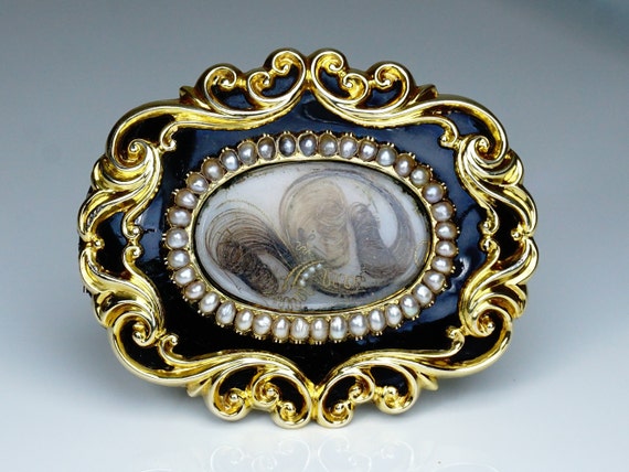Antique Victorian Gold Silver Pearl Enamel Mournin