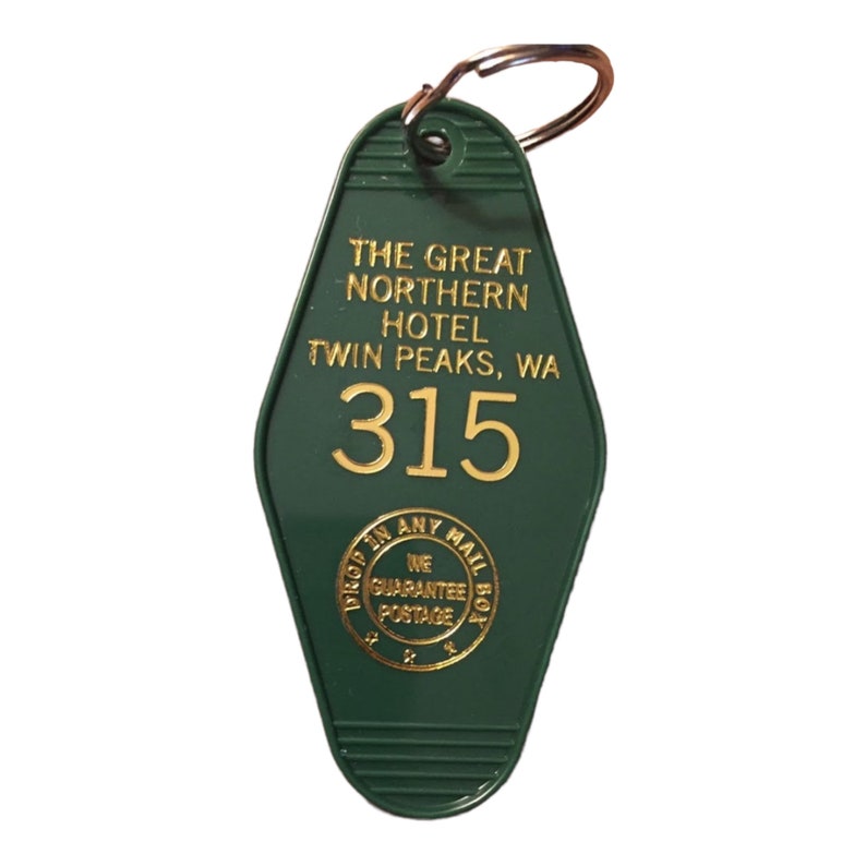 Black Monday Sale Gold printed TWIN PEAKS Inspired Great Nothern Hotel keychain, key fob image 2