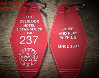 The Shining inspired 'Room 237' red with white printed OVERLOOK HOTEL KEYCHAIN (both sides printed)