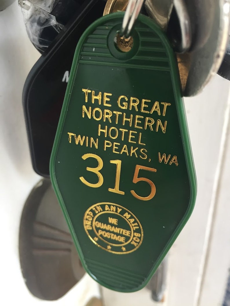Black Monday Sale Gold printed TWIN PEAKS Inspired Great Nothern Hotel keychain, key fob image 4