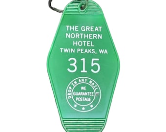 Green with White printed TWIN PEAKS Inspired "Great Nothern Hotel" keychain, key fob