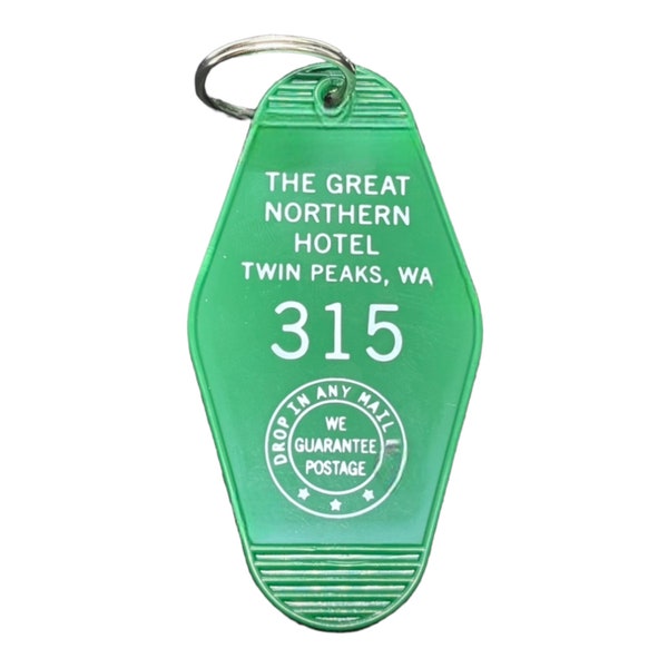 Green with White printed TWIN PEAKS Inspired "Great Nothern Hotel" keychain, key fob