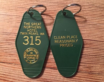 Gold printed TWIN PEAKS Inspired "Great Nothern Hotel" keychain, key fob