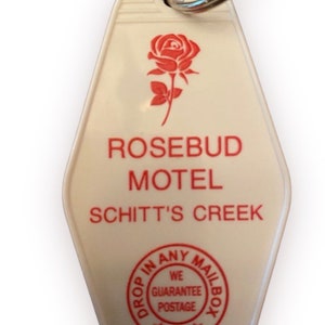 White red text printed ROSEBUD MOTEL Schitt’s Creek Inspired keytag