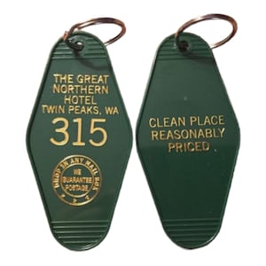 Black Monday Sale Gold printed TWIN PEAKS Inspired Great Nothern Hotel keychain, key fob image 1