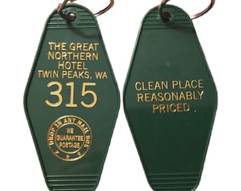 Black Monday Sale! Gold printed TWIN PEAKS Inspired "Great Nothern Hotel" keychain, key fob