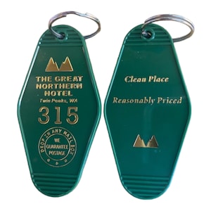 Graph version — Twin Peaks  Inspired "GREAT NORTHERN HOTEL keychain - Green with Gold Lettering