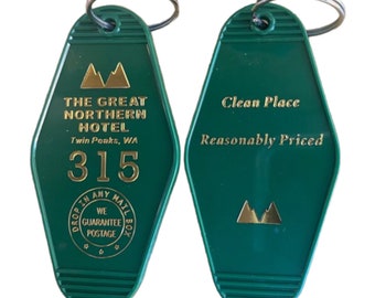 Graph version — Twin Peaks  Inspired "GREAT NORTHERN HOTEL keychain - Green with Gold Lettering