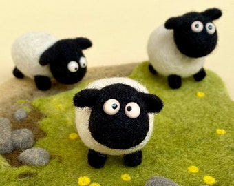 Silly Sheeps with Grass Playground, Dandelions and Stones / Needle Felting Wool Figurine