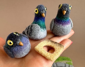 Silly Pigeons with Urban Paving Stones Playground, with grass and bread crumbs / Needle Felting Wool Figurine