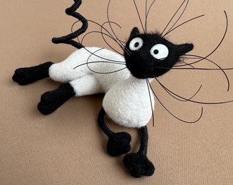 Small Silly Cat Lying on the side 5.1 inches (13 cm) / Handmade Needle Felting Wool Statuette