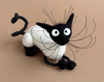 Small Lying Silly Cat 4.7 inches (12 cm) / Handmade Needle Felting Wool Statuette