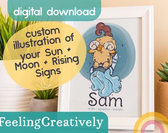 Digital Download - Custom Illustration of Sun Moon Rising Signs