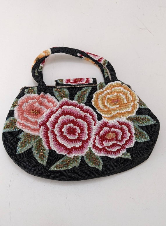 Fully Beaded Floral Evening Handbag Purse Lined Mu