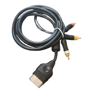 May include: Black Xbox component cable with red, yellow, and white RCA connectors. The cable is coiled and secured with a white tie. The Xbox connector is black with the Xbox logo.