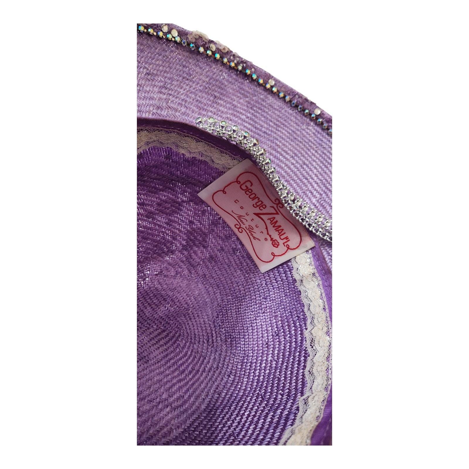 George Zamau\'l Couture Purple Straw‎ Sun Hat Floral Sequin Rhinestone Vintage George Zamau main image 4