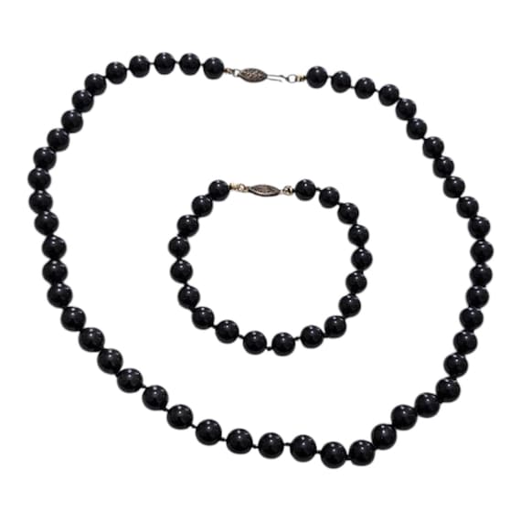 Vintage Black Onyx Beaded Necklace & Bracelet With Sterling Silver Enclosure