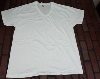 Hanes 2XL Vintage 90s V Neck Blank Plain Single Stitch White T Shirt Undershirt FREE Shipping