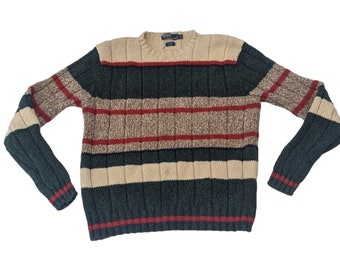 Polo Ralph Lauren Khaki Hunter Green Red Rugby Stripe Stripes Mens Sweater XL Outdoors Hunting Vintage 90s