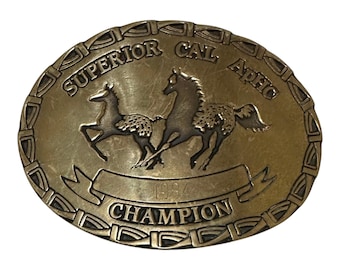 Hebilla de cinturón de latón Champion de Aphc, vintage de 1984, regalo de equitación del Appaloosa Horse Club, hebilla de los años 80, recuerdos del Horse Club, cabestro abierto coleccionable