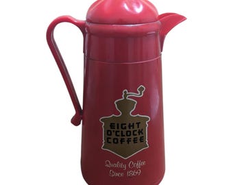 Vintage Eight O’Clock Coffee Thermos Carafe | Heavy Red Plastic Coffee Server | 12” Tall Retro Café Decor | Coffee Collectible