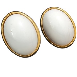 Trifari Vintage Gold Tone Large White Stone Pierced Earrings FREE Shipping