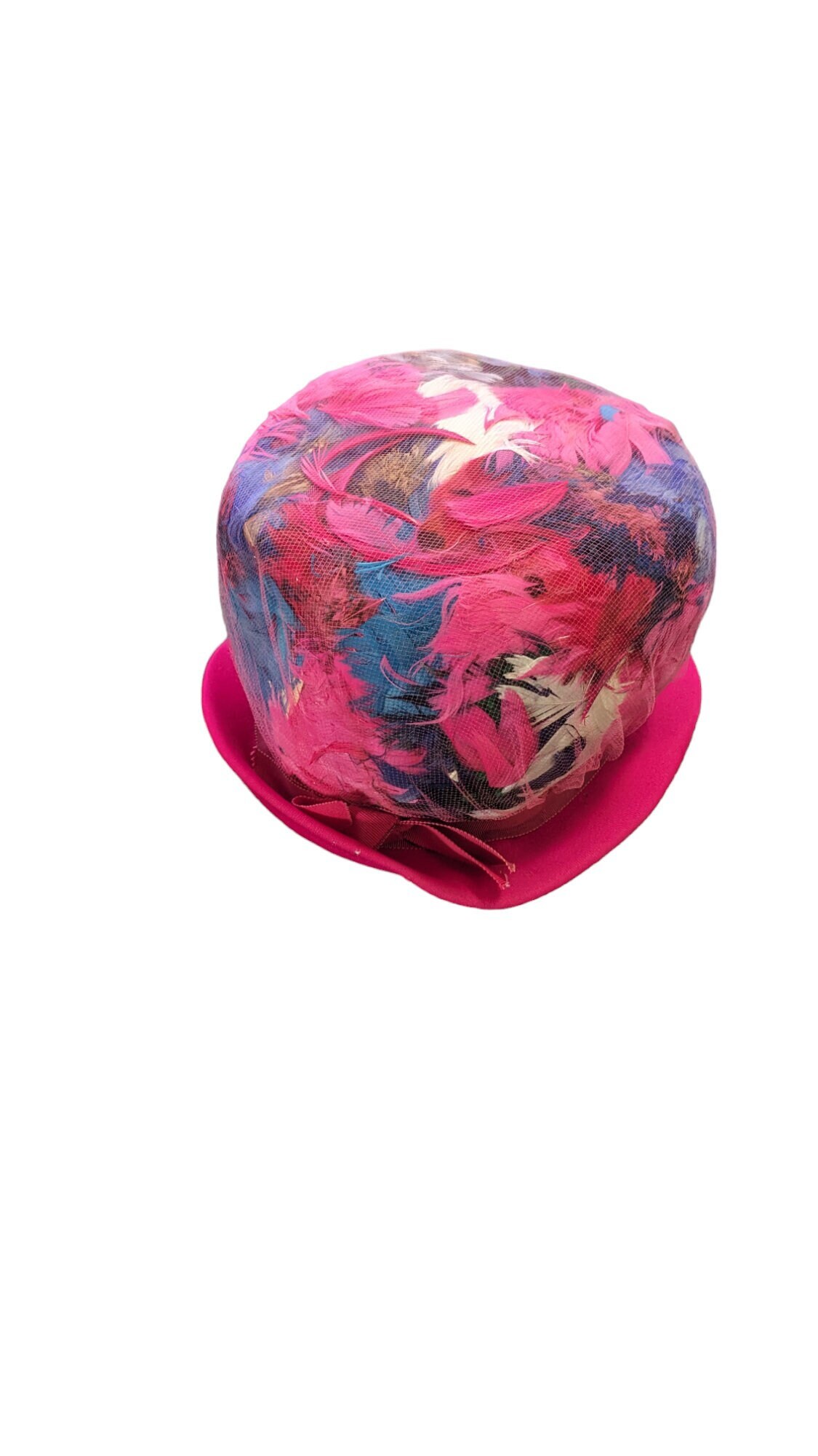 Thoroughly Mod Colorful Mixed Feather Cloche Hat Pink Brim and Trim Christine Vintage