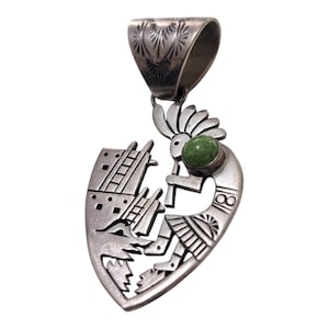 Freddy Charley Sterling Silver Green Turquoise Kokopelli Pendant | Navajo Vintage Southwestern Jewelry
