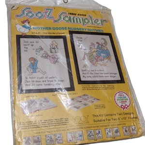 May include: A yellow and green cross-stitch sampler kit featuring two designs: "Jack and Jill" and "Three Wise Men of Gotham". The kit includes full-color printed linen, embroidery floss, and instructions for framing, making a soft book, or a puffy patchwork quilt. The kit is suitable for two 8" x 10" frames.