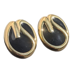 Vintage St John Gold Tone Black Enamel Clip on Earrings